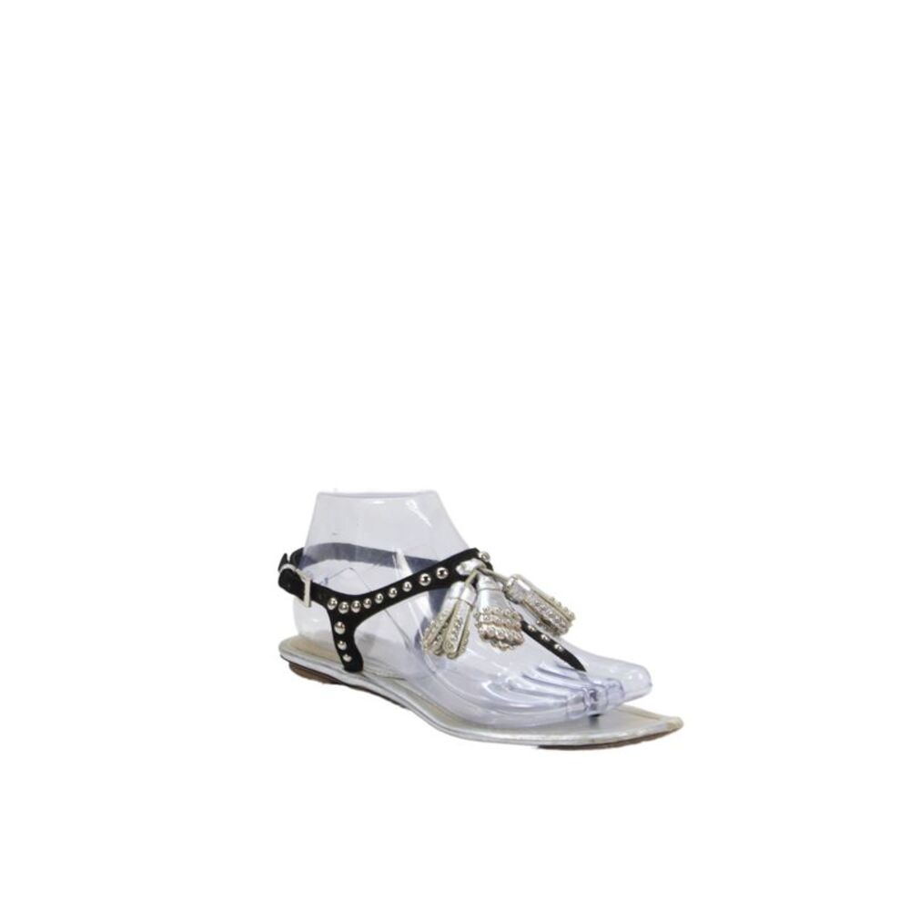 Prada Womens Leather Fringe Studded Detail Thong Sandals Shoes Silver Size 7